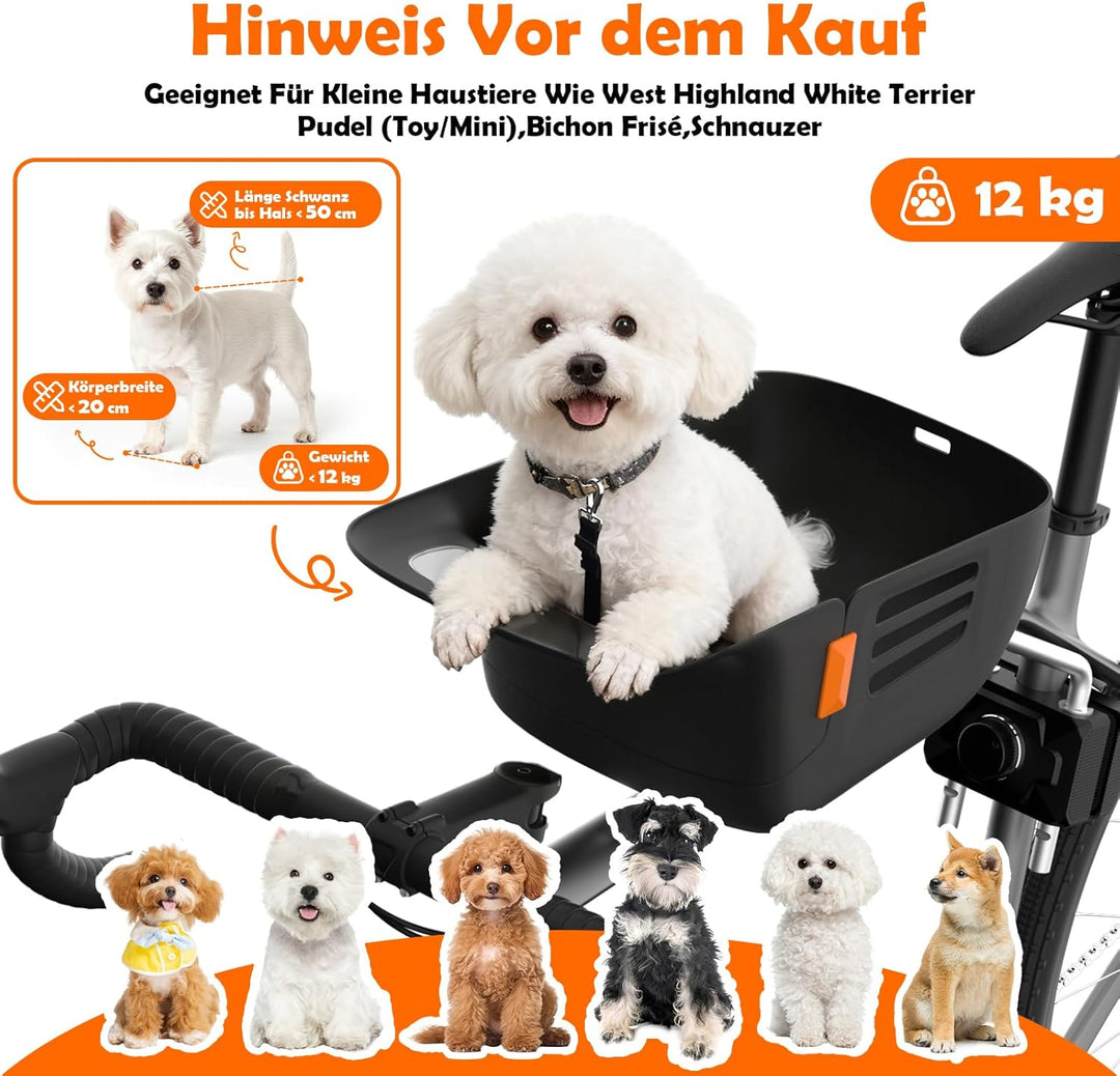 Hundekorb Fahrrad Vorne bis 12KG, Hundefahrradkorb mit Robuste sichere Bodenplatte, wasserdichtem kr