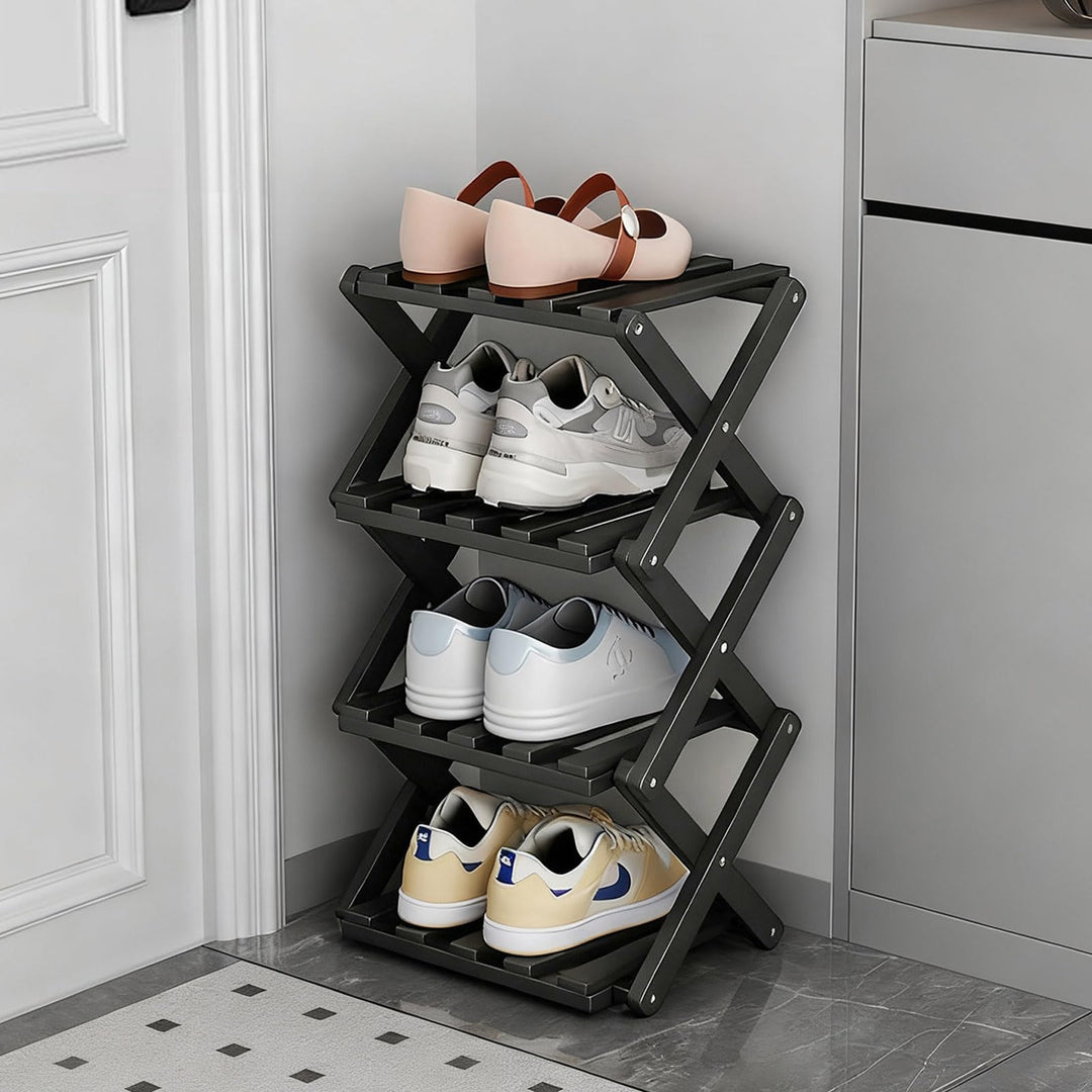 Kleines Schuhregal, schwarz, 4 Etagen, Bambus, faltbar, Schuh-Organizer, freistehendes Regal für Sch