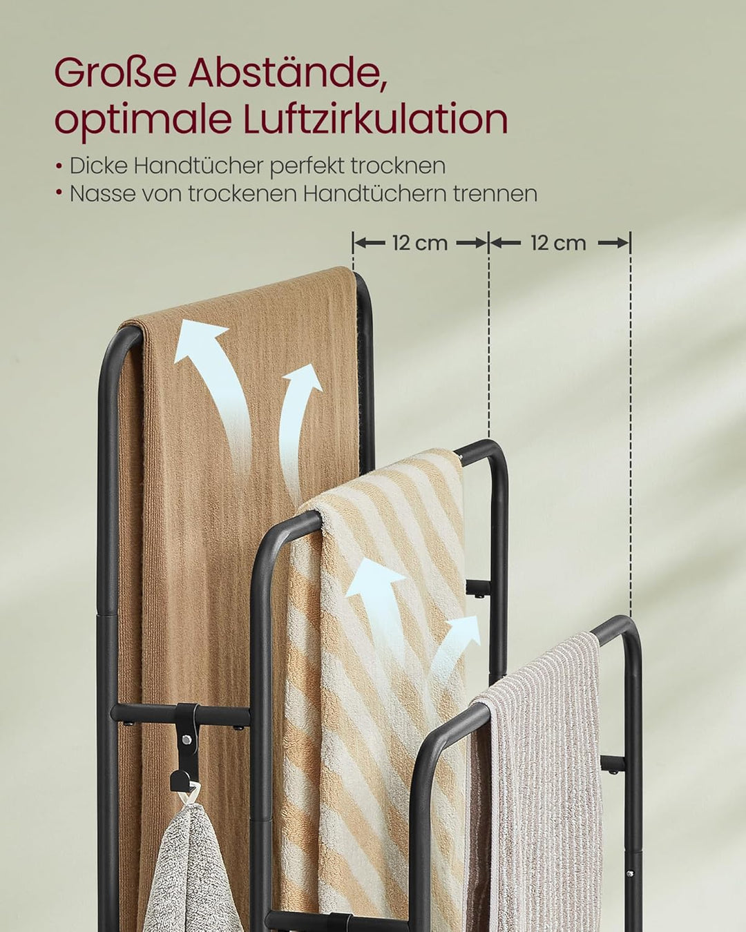 VASAGLE Handtuchhalter, stehend, Handtuchständer 3 Stangen, 70 x 30 x 100 cm, 2 Haken, Ablage, für D