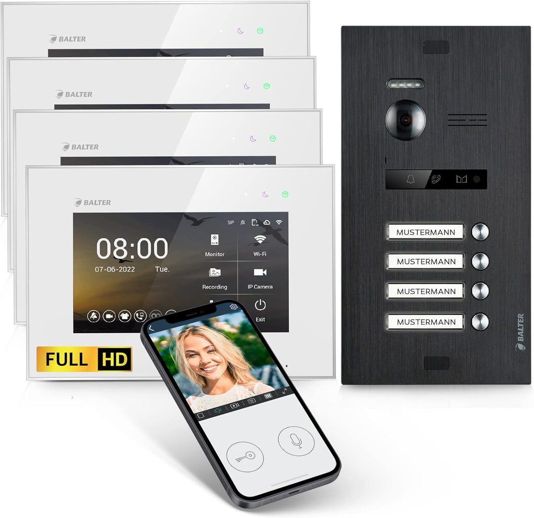 Balter EVO-HD Video Türsprechanlage, Video Türklingel mit Kamera, 4 familienhaus Klingel, Smartphone