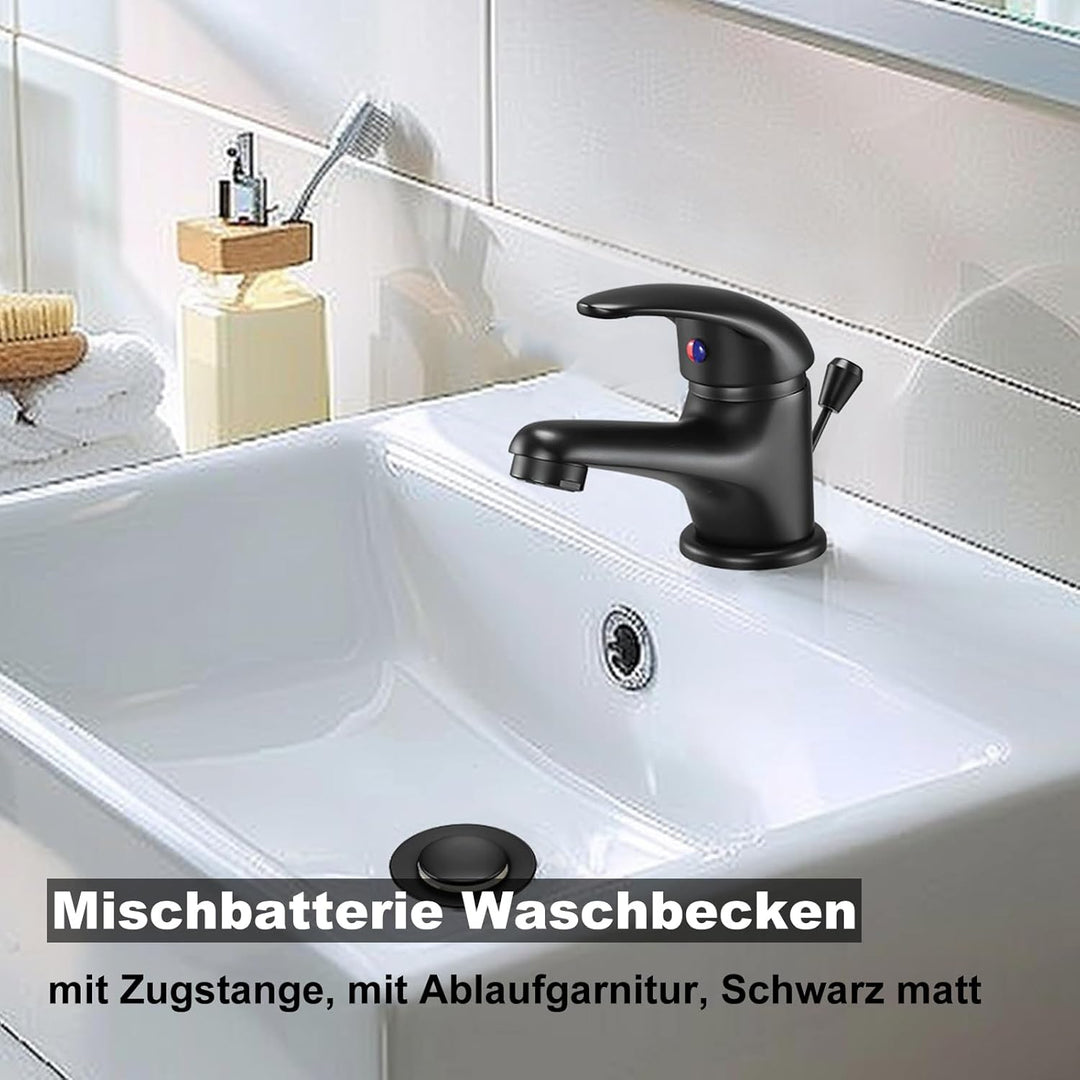 Wasserhahn Bad mit Zugstange Ablaufgarnitur, Mini Einhebel-Waschtischarmatur Schwarz, Einhandmischer