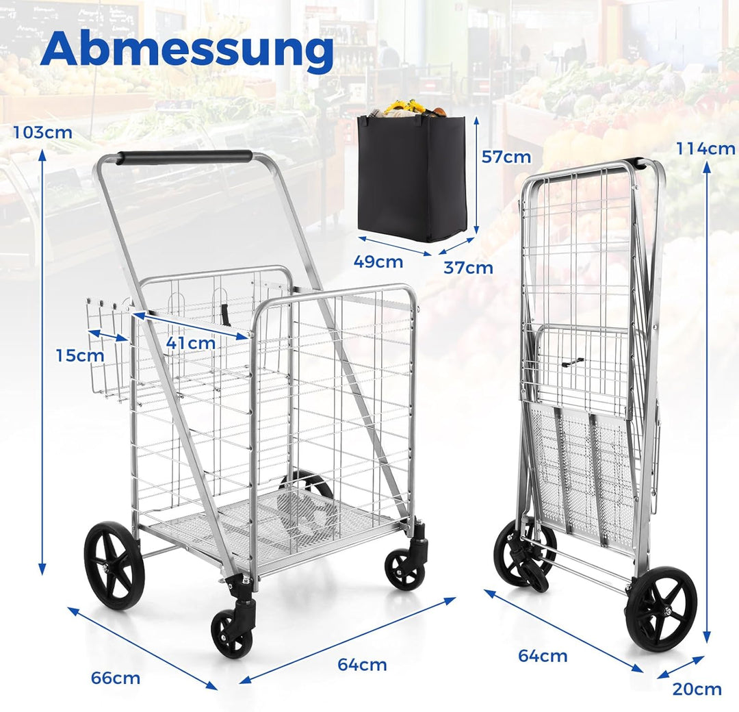 COSTWAY Einkaufstrolley Klappbar, Einkaufswagen auf Rollen mit Abnehmbarer Oxford-Tasche & 2 Körben,