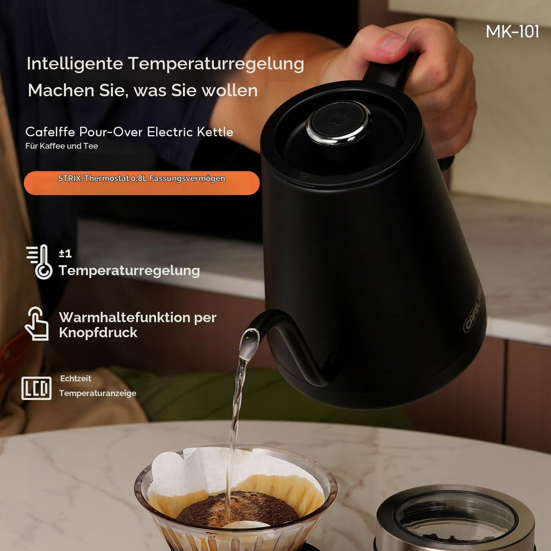 CAFELFFE Elektrischer Schwanenhals-Wasserkocher, 0,8L, 1500 W, Schwarz | Teekanne, Edelstahl-Heisswa