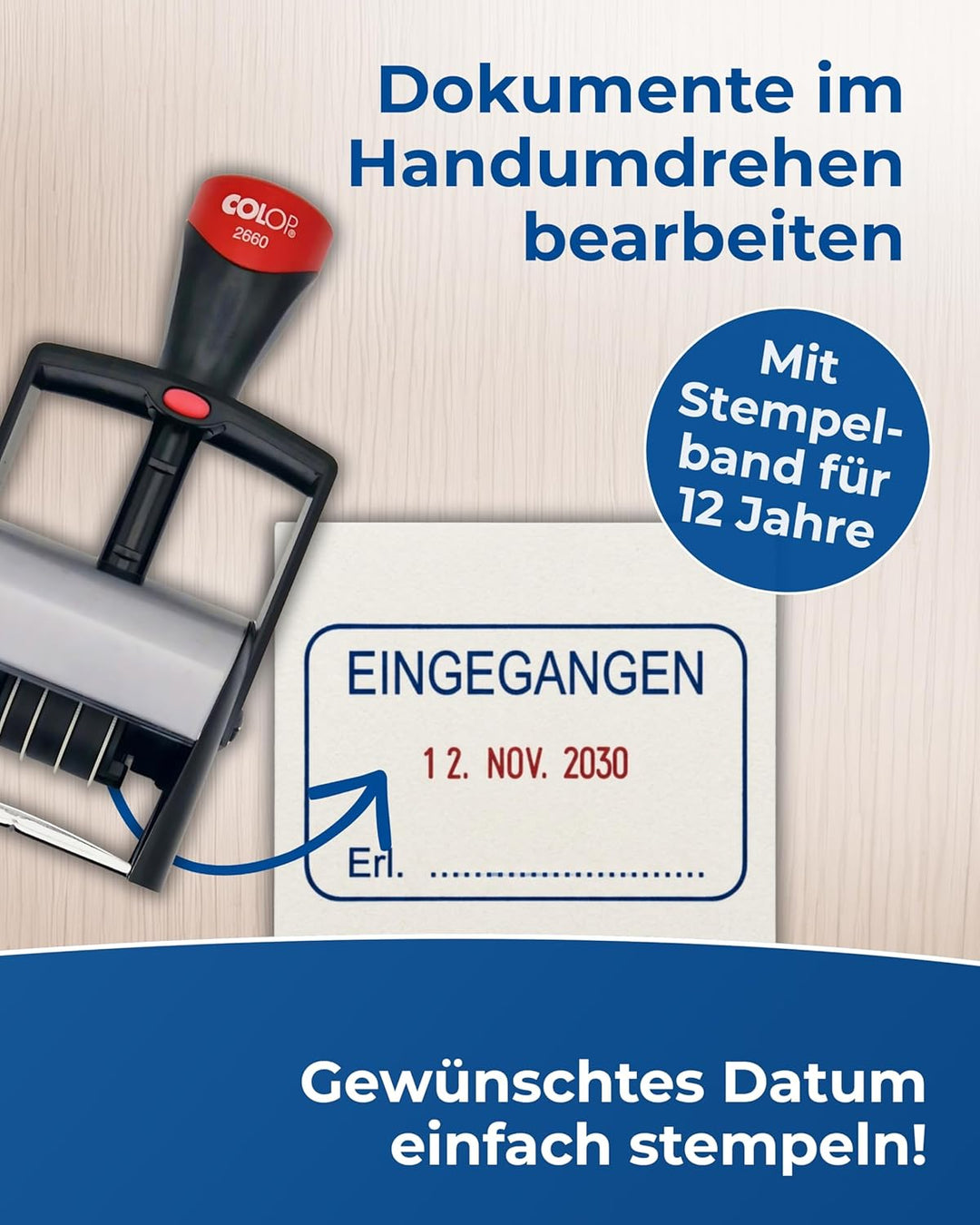 Colop 2660 Datumstempel mit Text EINGEGANGEN Datum deutsch Abdruck blau/rot im Karton 135867 klein