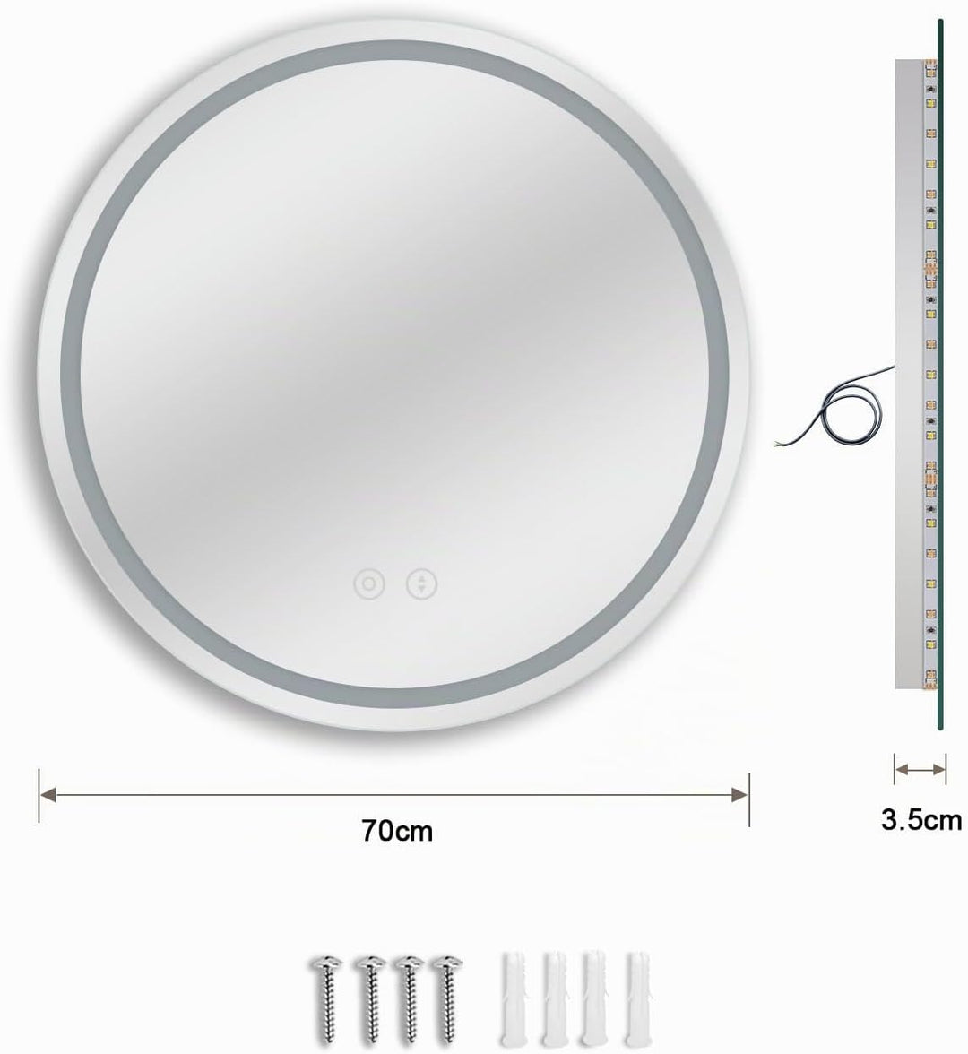 Dripex Badspiegel mit Beleuchtung Rund Led Spiegel mit Touch-Schalter, Dimmbar, 3 Lichtfarbe Einstel