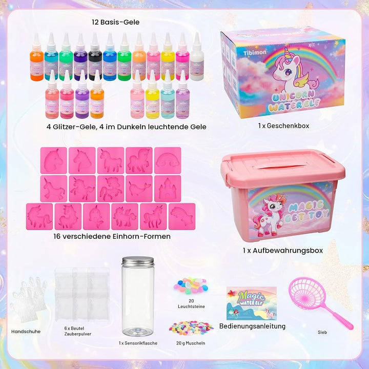Tibimon Einhorn Magic Water Elf, DIY 3D Magisches Wasser Gel Spielzeug, 20 Magischem Gel und 16 Form
