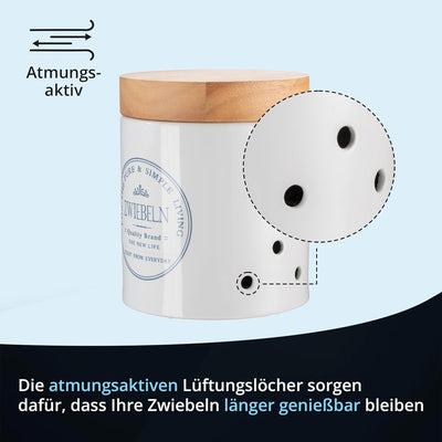 KHG Zwiebeltopf Keramik Steingut Weiss Holzdeckel Bambus, Zwiebel Aufbewahrung, 1kg Kapazität, Zwieb