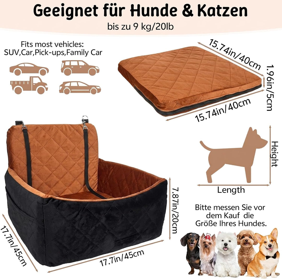 Hundeautositz bis 9 kg, Memory-Schaum Hundebooster mit Plüsch-Samt-Bezug, rutschfeste Unterseite & 2
