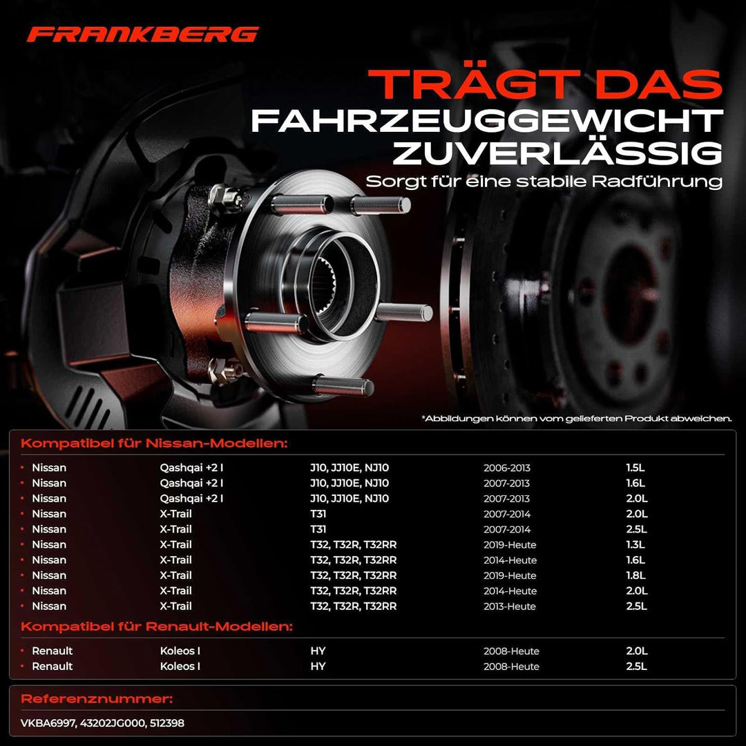 Frankberg 1x Radnabe Radlagersatz Hinterachse Kompatibel mit Qashqai +2 I J10 JJ10E NJ10 1.5L-2.0L 2