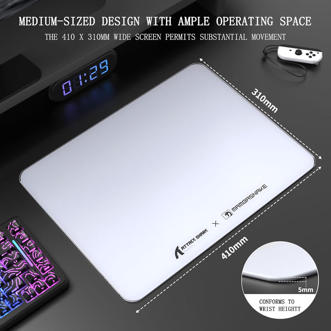 ATTACK SHARK CM05SE Gaming-Mauspad Aus Gehärtetem Glas, Ultraglatte Oberfläche, 9H Gehärtetes Glas,