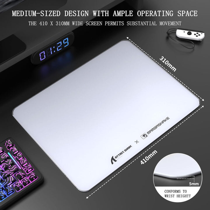 ATTACK SHARK CM05SE Gaming-Mauspad Aus Gehärtetem Glas, Ultraglatte Oberfläche, 9H Gehärtetes Glas,
