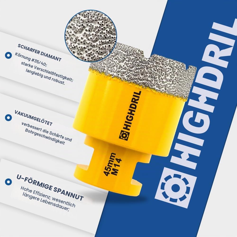 HIGHDRIL Diamant Bohrkrone - 60mm Lochsäge Fliesen M14 Gewinde für Porzellan Fliese Keramik Granit M