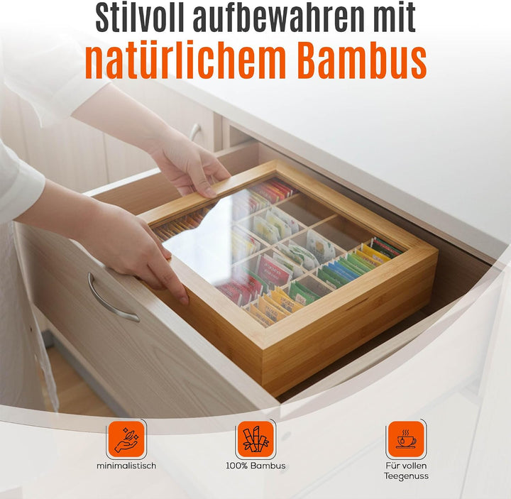 AH® Teebox aus Bambus mit 12 Fächern – Teekiste zur Teebeutel Aufbewahrung mit Sichtfenster &amp; Magnet