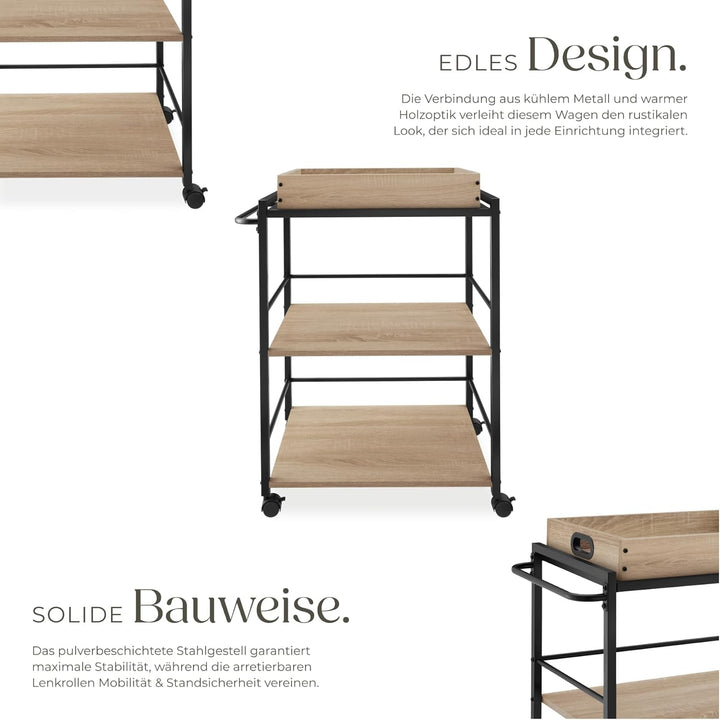 tectake® Servierwagen mit Rollen, abnehmbares Tablett, Kitchen Trolley 65 x 41,5 x 87 cm, Küchenwage