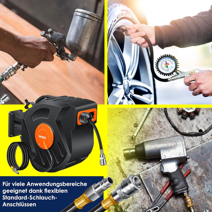 MASKO® Automatik Druckluftschlauch Aufroller 20m – Schlauchtrommel mit 1/4" Anschluss, Schlauchaufro
