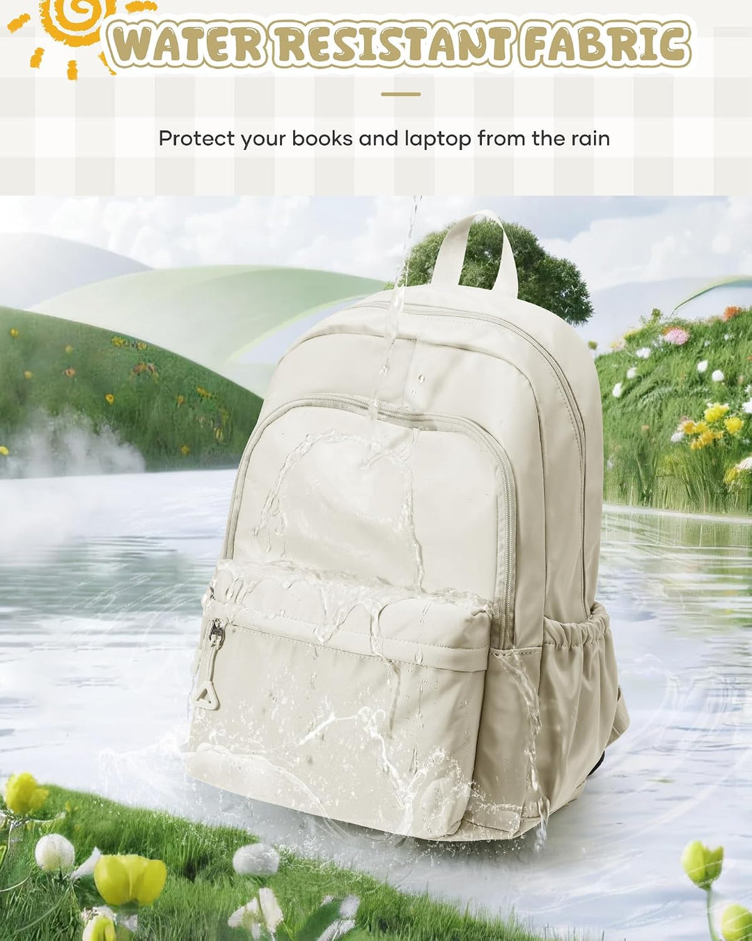 Schulrucksack Teenager Mädchen Jungen Schultasche Rucksack Schule Beige | School Bag Backpack Laptop