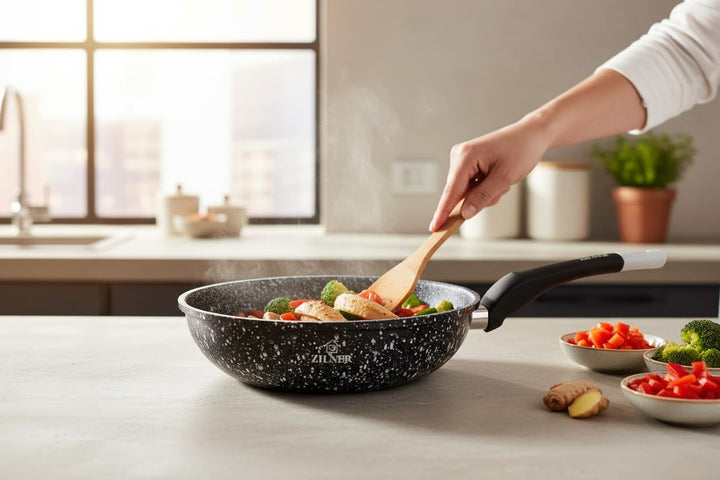 Wokpfanne 24 cm - Tiefe Pfanne mit Granit-Beschichtung - für alle Herdarten - für Asiatische Küche u