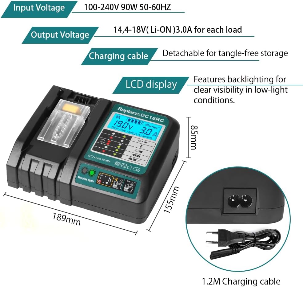 DC18RC 18V Schnellladegerät Kompatibel mit Makita 14,4 V-18 V Ersatzakku mit LCD-Anzeige BL1830B BL1