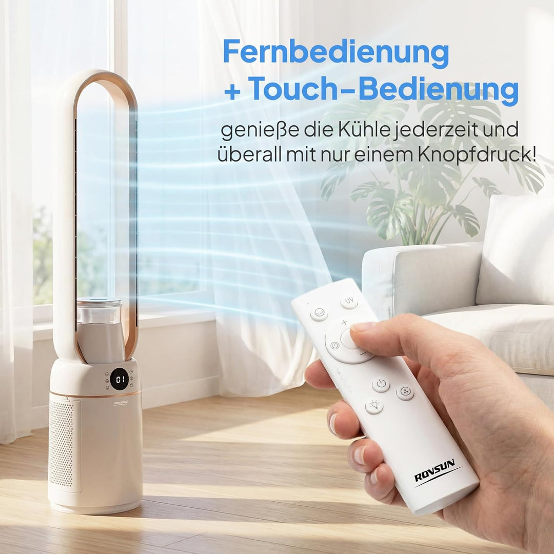 ROVSUN 4 in 1 Blattloser Turmventilator sehr Leise 25-50dB, Turmventilator 50 W mit 15H-Timer & Fern