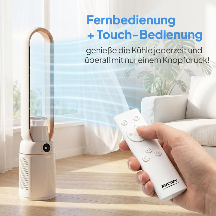 ROVSUN 4 in 1 Blattloser Turmventilator sehr Leise 25-50dB, Turmventilator 50 W mit 15H-Timer & Fern