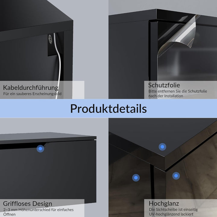 SONNI TV-Schrank, Lowboard Hochglanz Schwarz Hängend/Stehend, TV-Regal mit 16 Farben LED-Beleuchtung