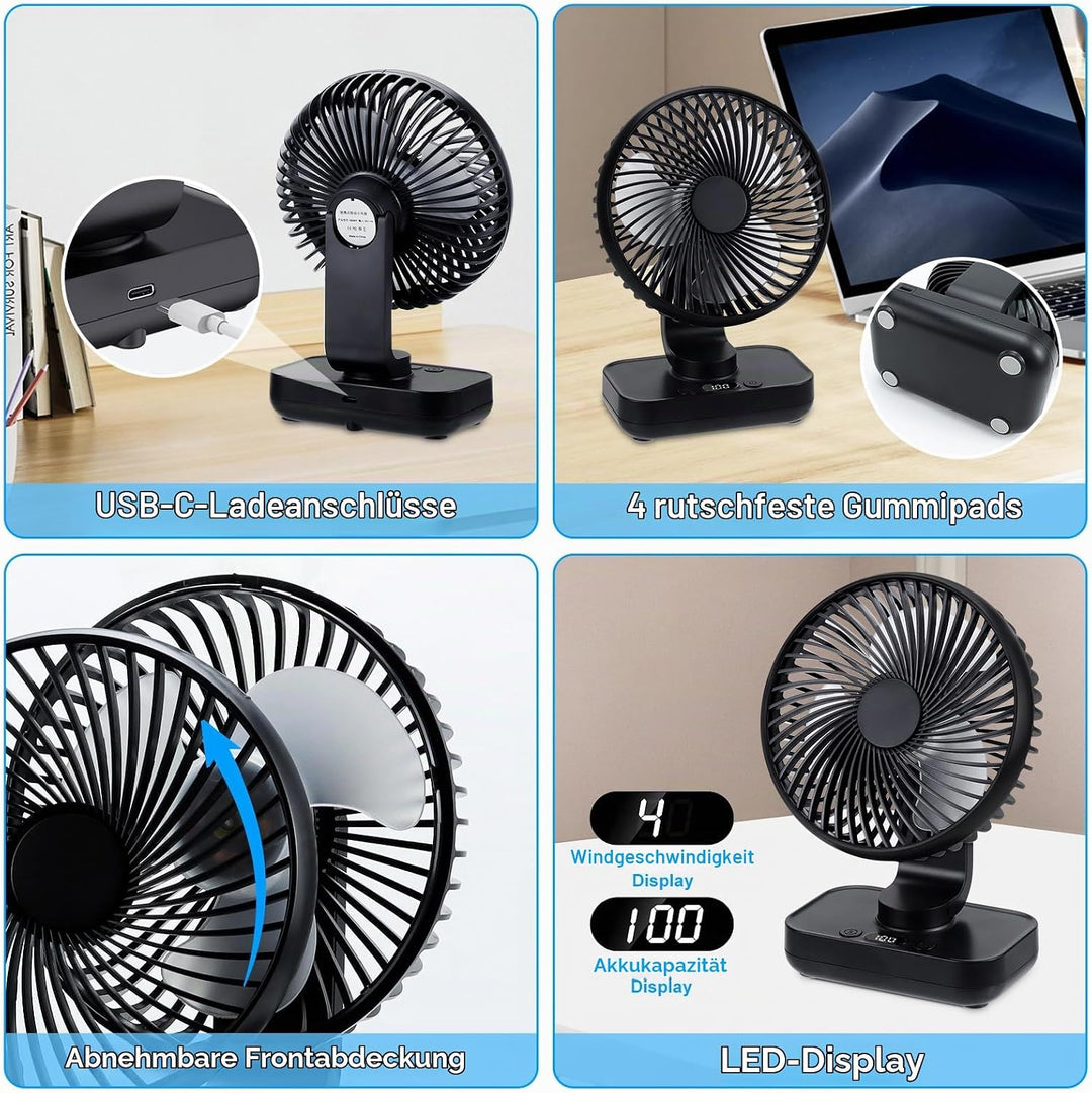USB Tischventilator Oszillierend, Mini Ventilator Sehr Leise mit 4000mAh Batterie, Persönlicher Tisc