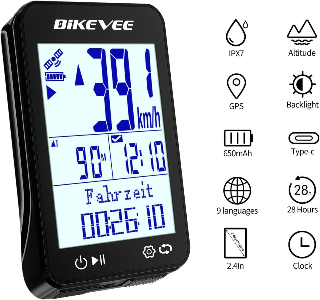 GPS Fahrradcomputer Kabellos IPX7 Wasserdicht 2.4'' FSTN Display 28H Akku Schwarz-B【Verlängerte Fron
