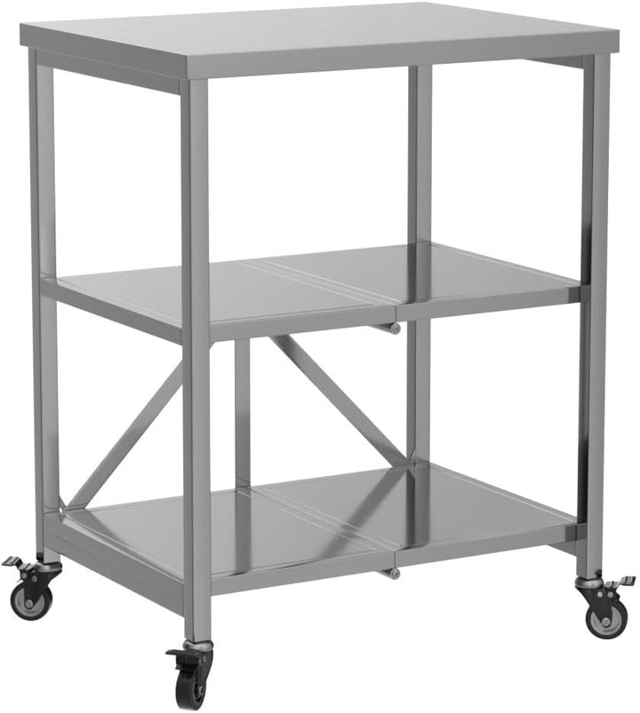 AMSXNOO Arbeitstisch Edelstahl, 3 Ebenen Faltbar Servierwagen Edelstahl Rollwagen Küchentisch mit 4