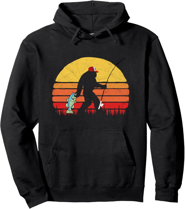 Bass Fishing Bigfoot in Trucker Hat Funny Vintage Sun Pullover Hoodie