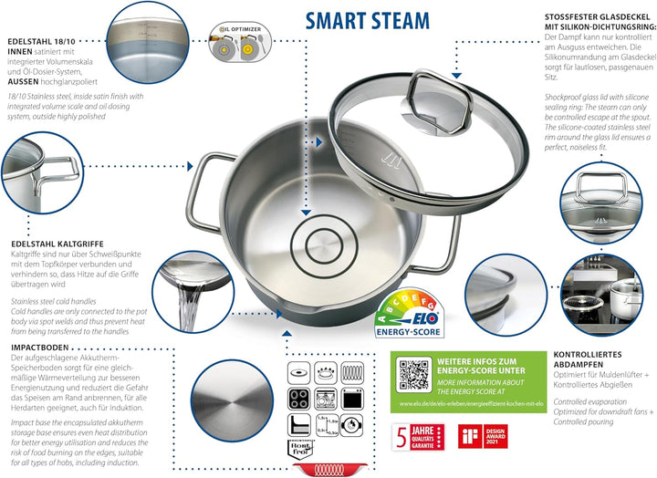 ELO Topfset 4-teilig Smart Steam, Edelstahl 18/10, integriertes Öl-Dosiersystem (Oil Optimizer), Vol