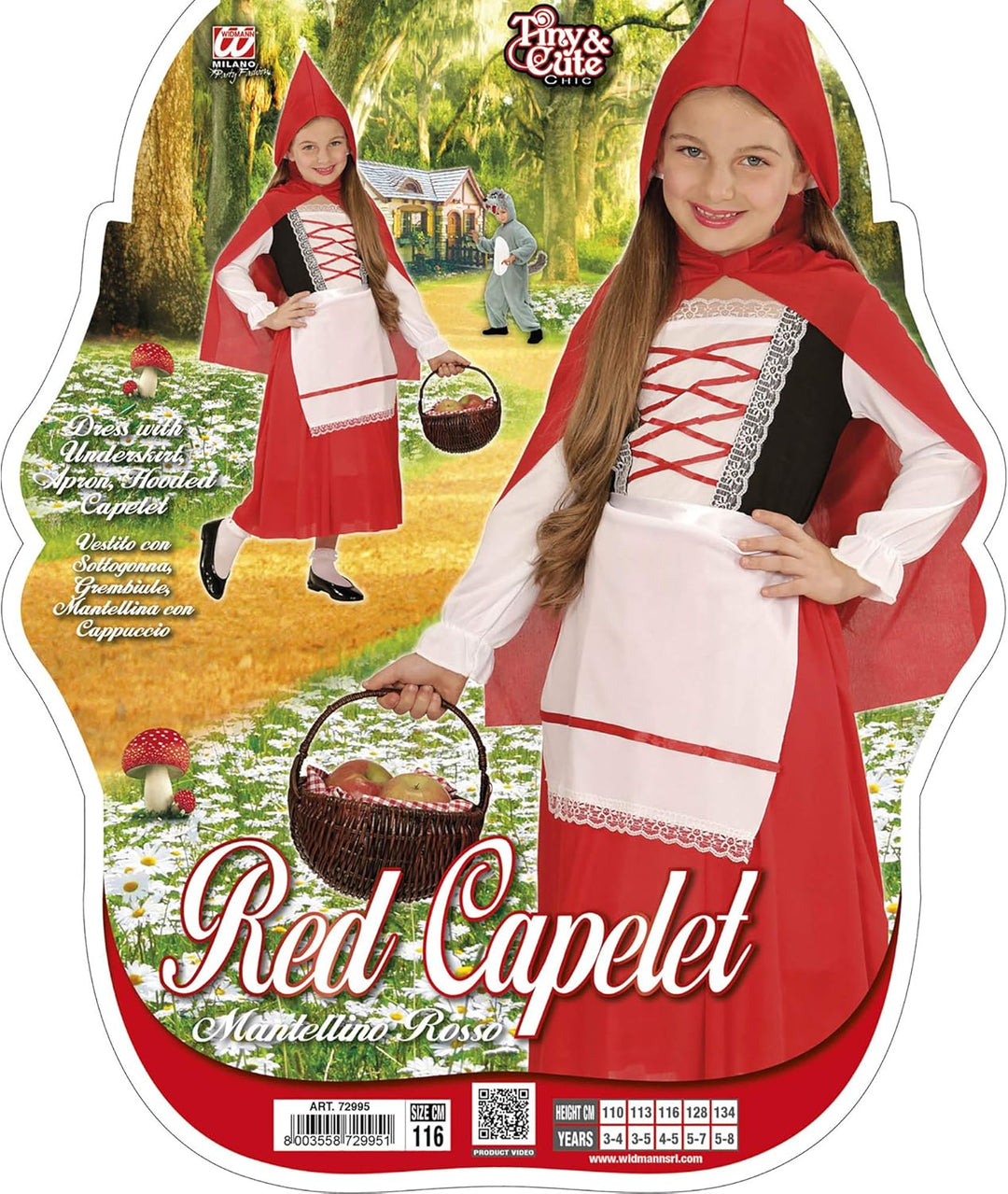 "RED CAPELET" (dress with underskirt, apron, hooded capelet) - (140 cm / 8-10 Years), 140