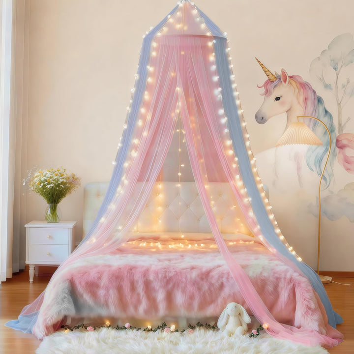 Zweifarbiger Betthimmel Moskitonetz rosa blau mit warmen Lichtern, Betthimmel für Mädchen Zimmerdeko