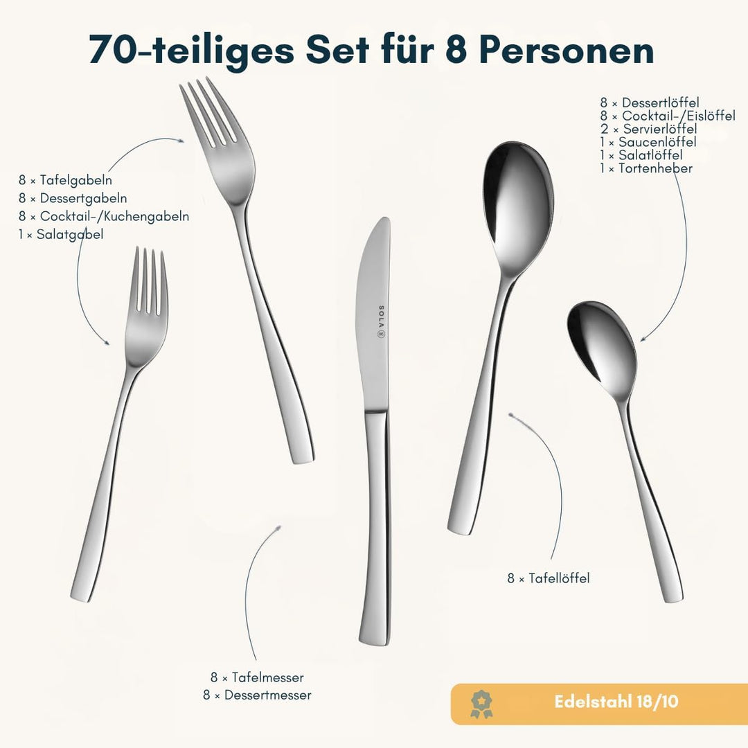 Sola Lotus Besteck Set - 8 Personen Essbesteck - 70 Teilig, 18/10 Rostfreiem Stahl - Robustes & Eleg
