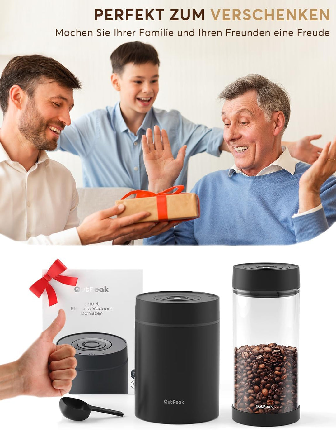 OUTPEAK 2026 Kilo Auto Vakuum Kaffeedose 1,8L für 601.0 g Kaffeebohnen Ein-Knopf-Bedienung Edelstahl