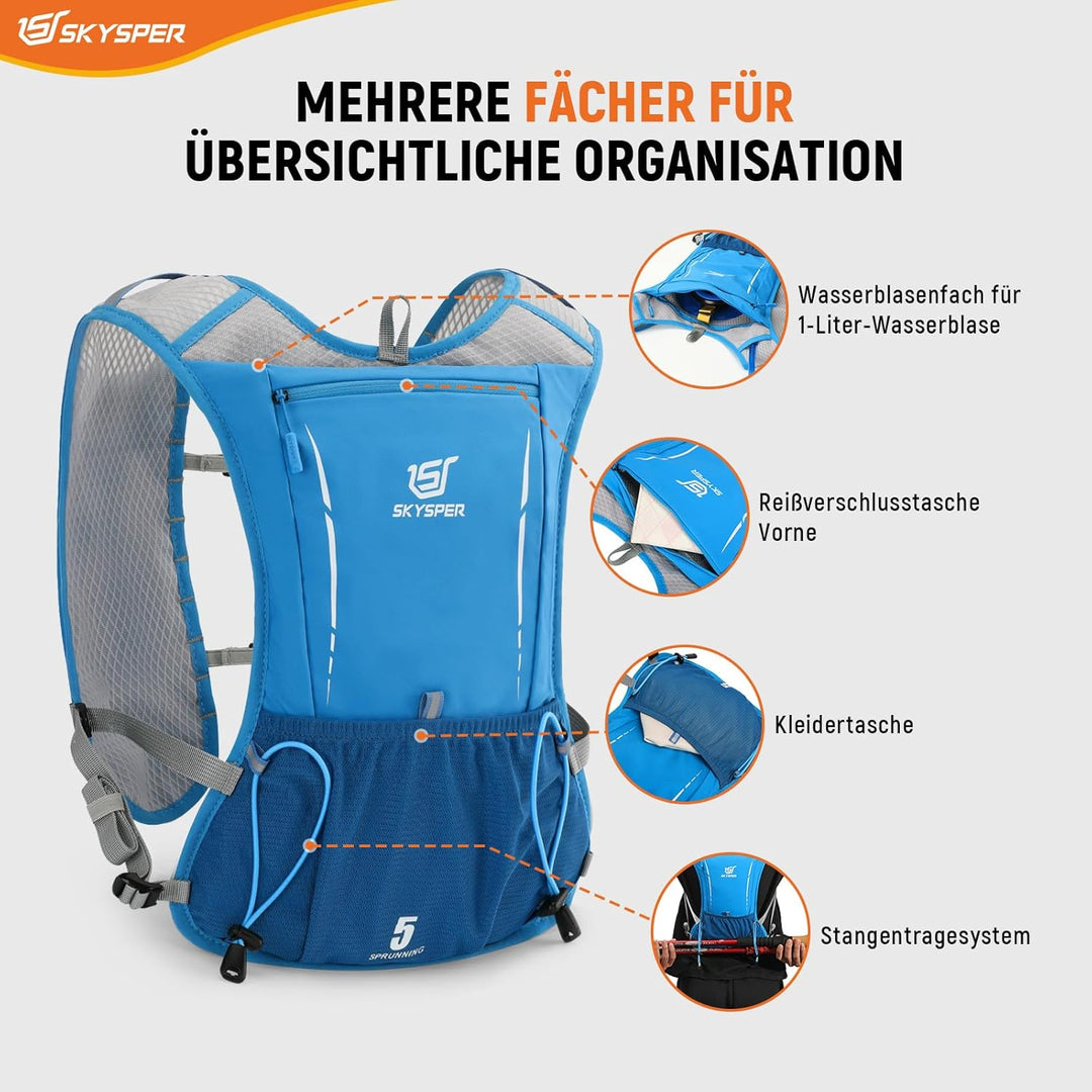 SKYSPER Laufweste Ultraleichter 5L, Trinkrucksack mit weichen Flaschen 500ml Laufrucksack Herren Dam