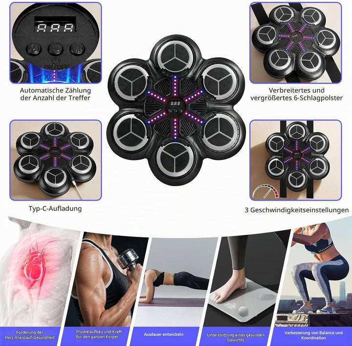 Music Boxing Machine, Elektronische Boxmaschine mit Musik, Farblichter, Bluetooth, 3 Geschwindigkeit