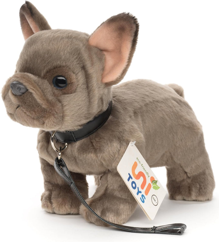 Uni-Toys - Französische Bulldogge (grau) mit Leine - 26 cm (Länge) - Plüsch-Hund, Dogge, Haustier -