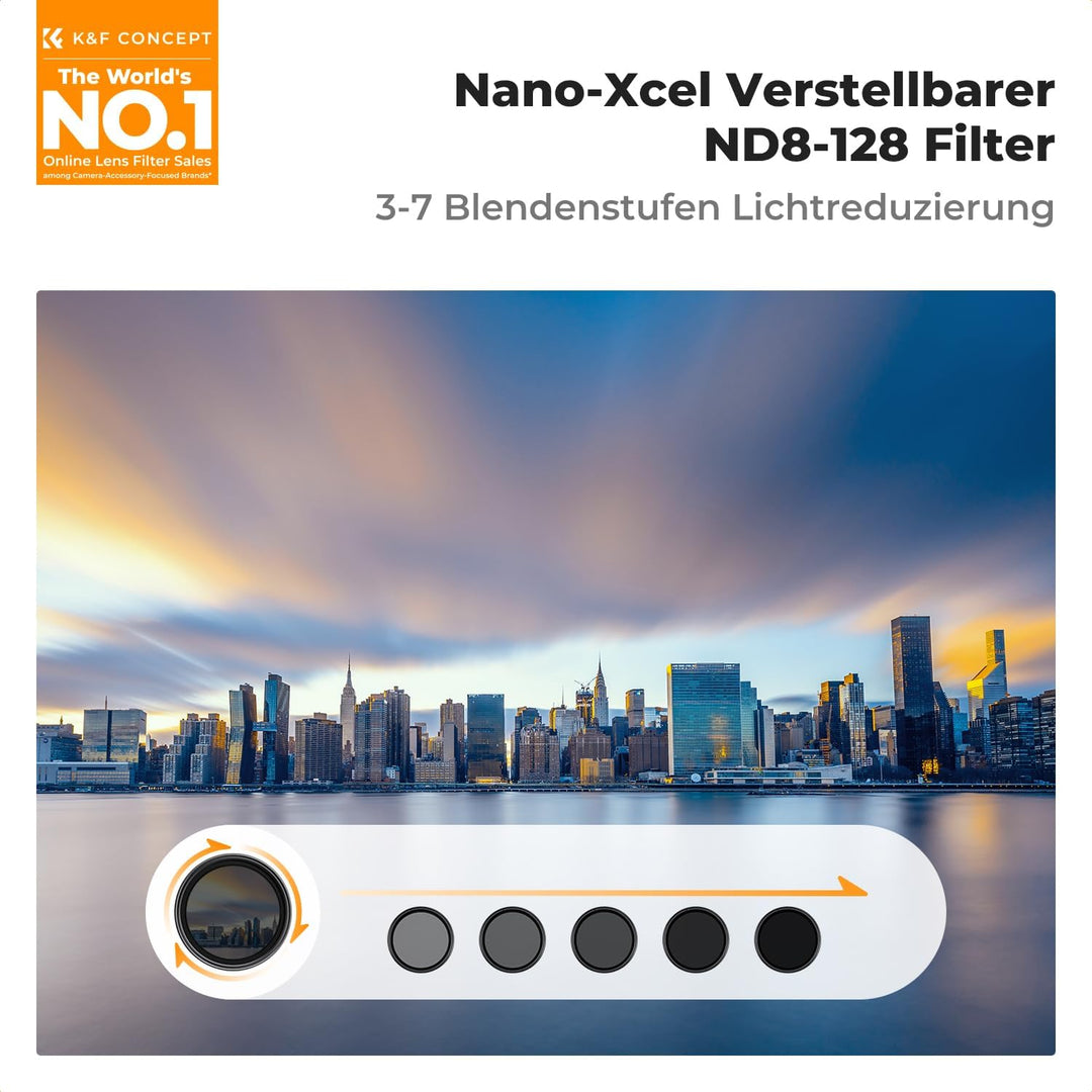 K&F Concept Nano-X Variable ND Filter 82mm Slim Variabler Graufilter ND8-128 (3-7 Stop) Neutral Grau