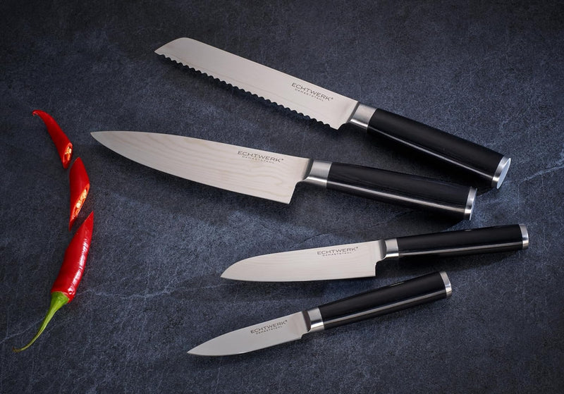 Echtwerk Damaszener Messer Set, 4-TLG, Kochmesser/Küchenmesser, kleines Santokumesser/ japanisches M