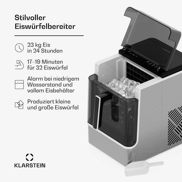 Klarstein Eiswürfelmaschine - 23 kg/24 h, 32 Eiswürfel/Zyklus, Automatische Reinigung, 2 kg Wasserta