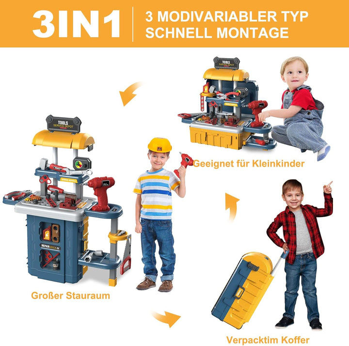 JONRRYIN Werkzeugkoffer Kinder Werkzeug, 46 Stück Werkbank Kinder Set, Werkzeug Spielzeug Set mit Bo