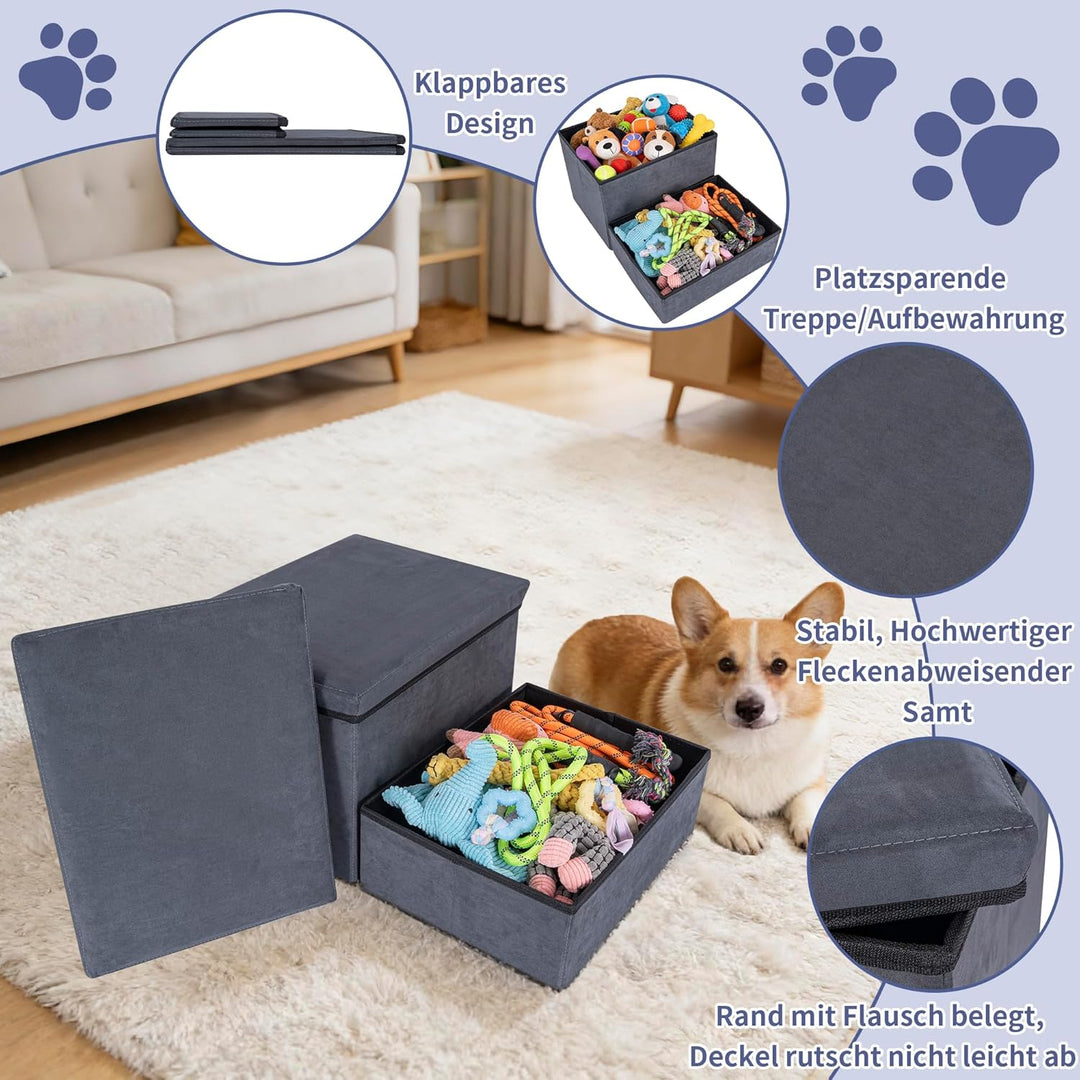 Hundetreppe mit Stauraum, 2 Stufen, faltbar, extra breite Haustierrampe, rutschfeste Hunderampe,Haus