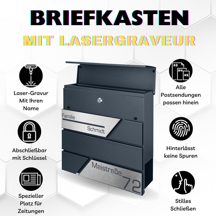 Briefkasten mit Zeitungsfach in Anthrazit, Edelstahlbriefkasten, Wandbriefkasten Briefkasten mit Sch