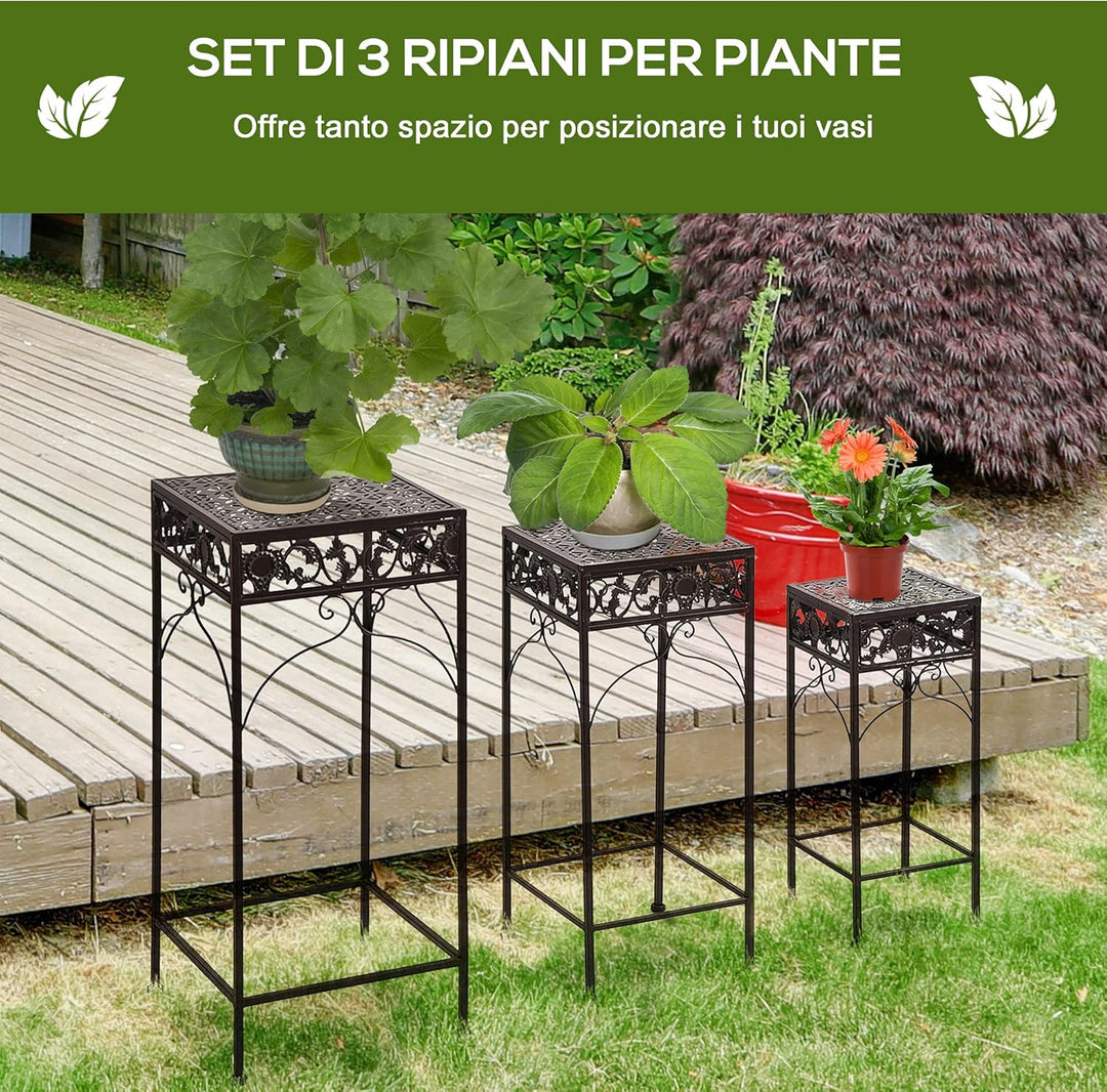Outsunny – Set von 3 Stück Hocker Ständer für Pflanzen Klassisch aus Eisen, braun