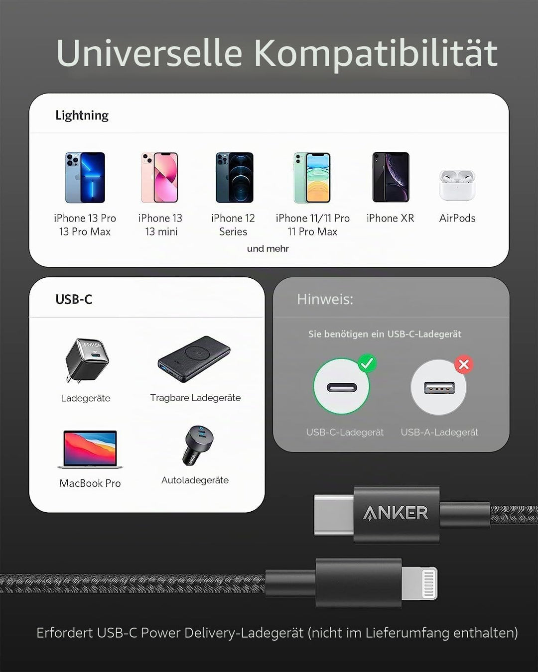 Anker USB C Lightning Kabel, 331 USB C auf Lightning Ladekabel 180cm, MFi zertifiziert, New Nylon Sc