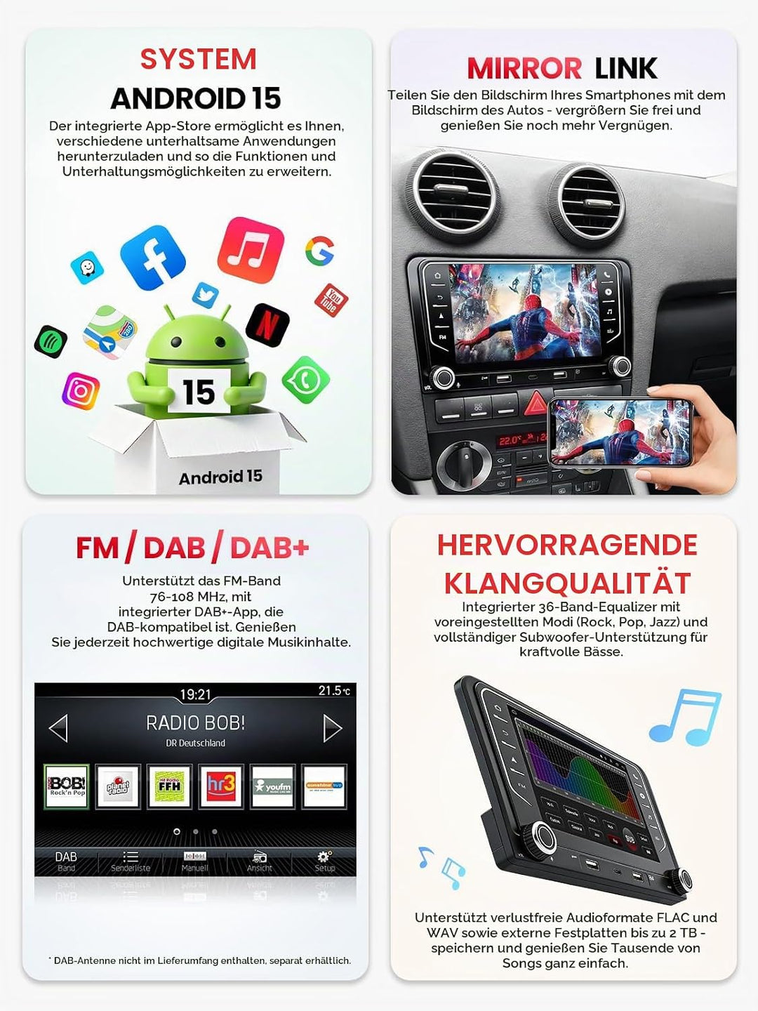 Doppel DIN Autoradio mit Bildschirm für Audi A3 (2003-2012), Wireless CarPlay &amp; Android Auto, 7" Aut
