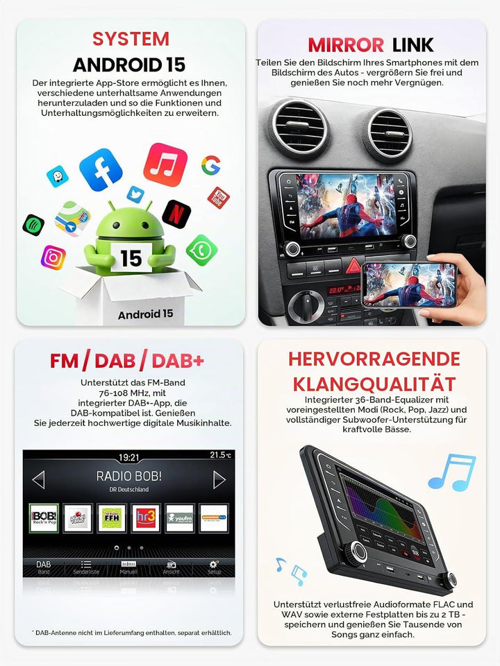 Doppel DIN Autoradio mit Bildschirm für Audi A3 (2003-2012), Wireless CarPlay &amp; Android Auto, 7" Aut