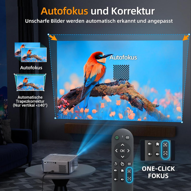 XGODY A45 Android Beamer unterstützt 4K Native 1080P FHD Projektor, 500 ANSI Autofokus Projector mit