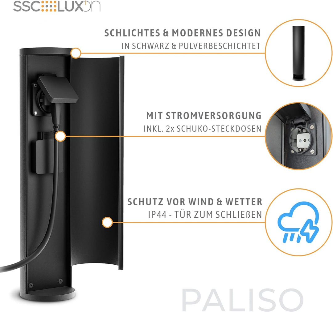 SSC-LUXon PALISO Design Steckdosensäule mit 2X Steckdosen für Garten & Aussen - Energiesäule mit Tür