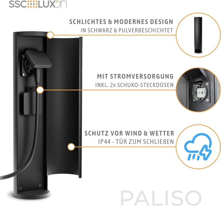 SSC-LUXon PALISO Design Steckdosensäule mit 2X Steckdosen für Garten & Aussen - Energiesäule mit Tür
